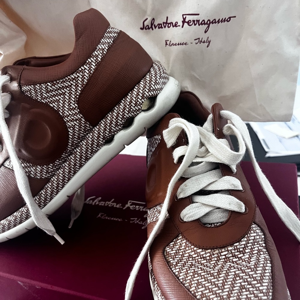 Salvatore Ferragamo Brown and White Sneakers